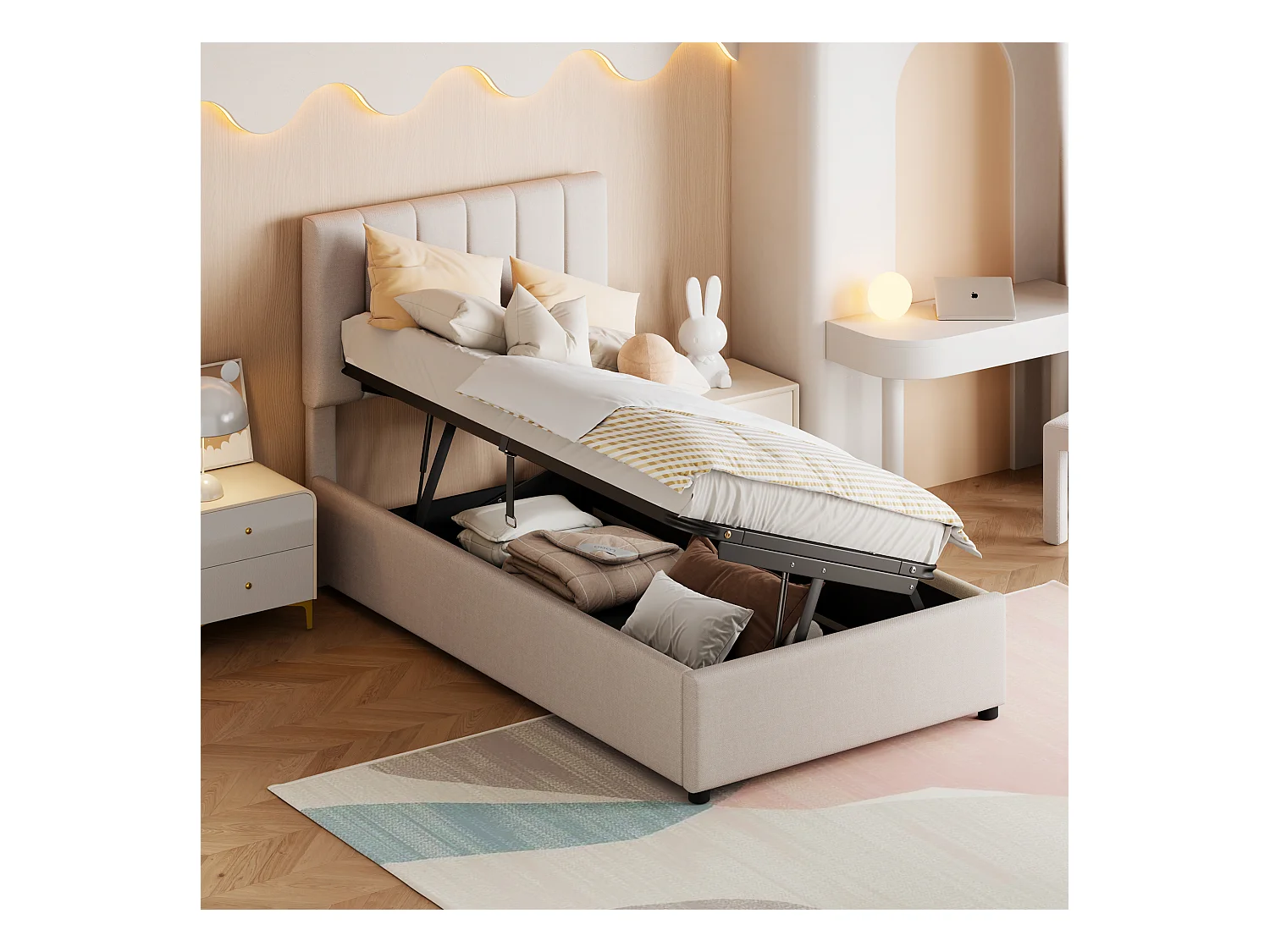 Lit coffre 90 x 200 cm - Lin beige - Lit enfant avec tête de lit réglable en hauteur - lattes en bois - sans matelas