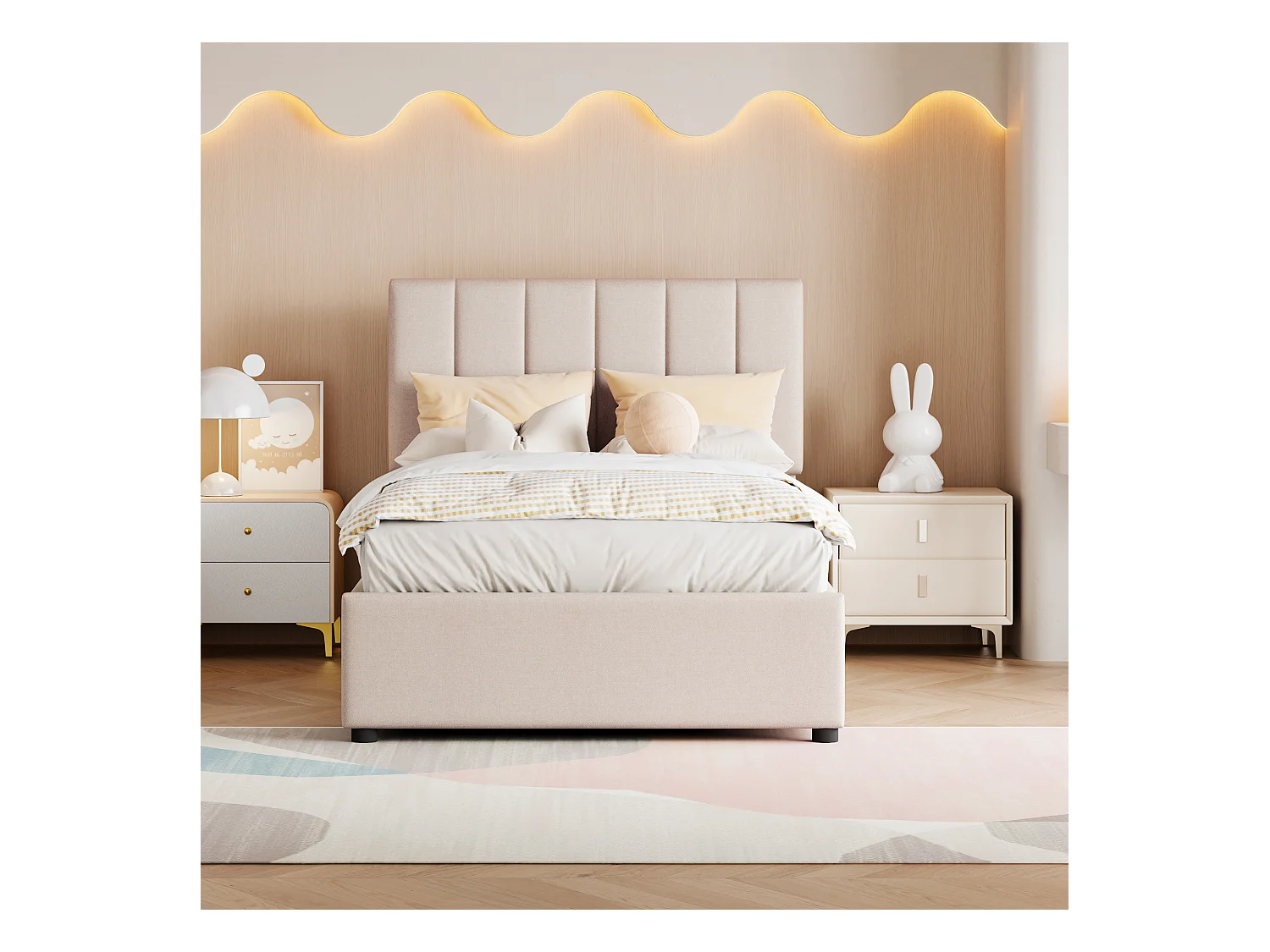 Lit coffre 90 x 200 cm - Lin beige - Lit enfant avec tête de lit réglable en hauteur - lattes en bois - sans matelas