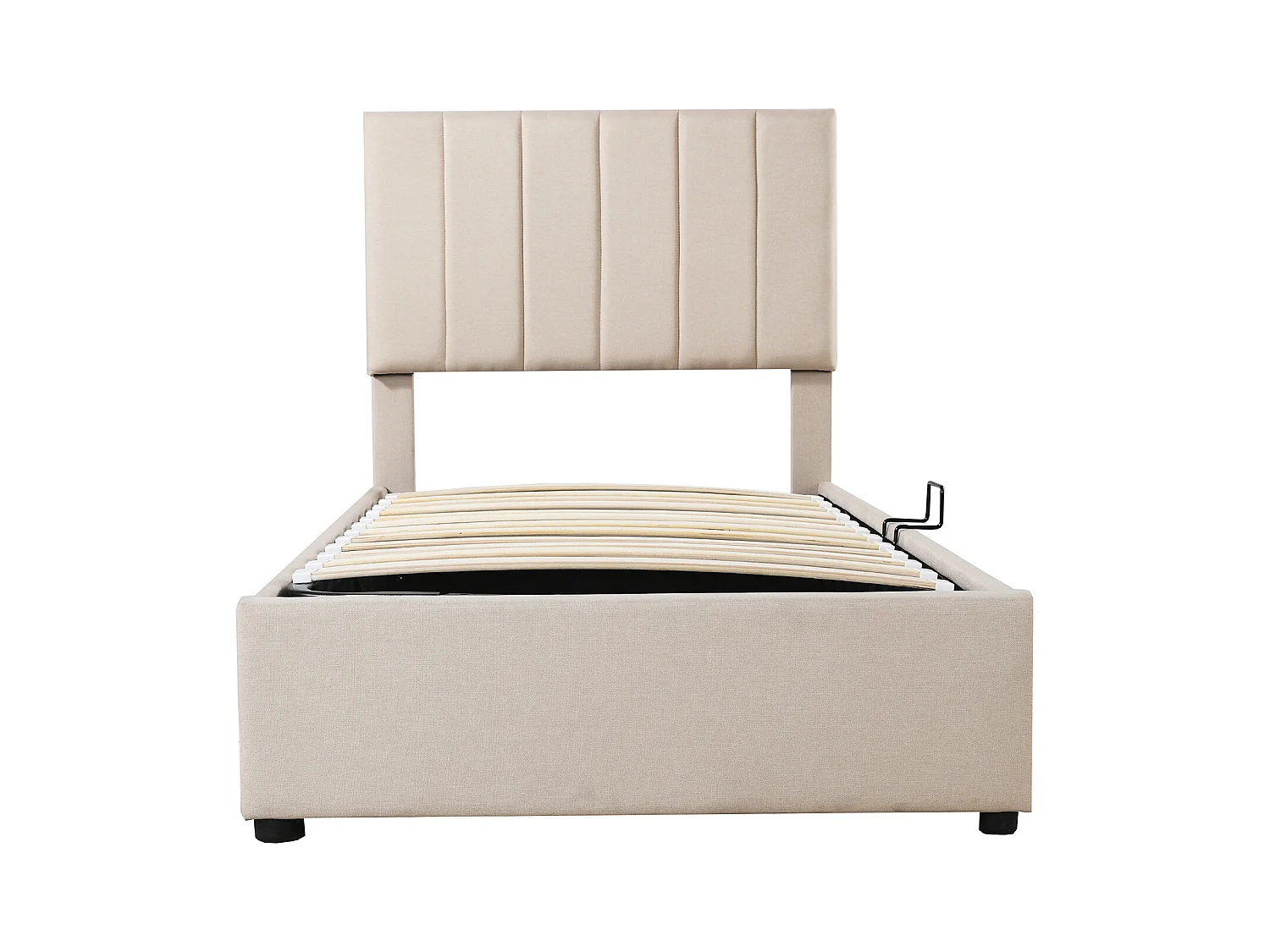 Lit coffre 90 x 200 cm - Lin beige - Lit enfant avec tête de lit réglable en hauteur - lattes en bois - sans matelas