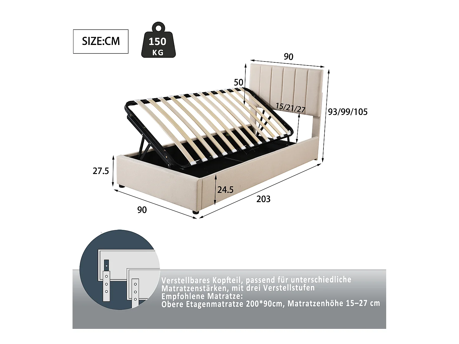 Lit coffre 90 x 200 cm - Lin beige - Lit enfant avec tête de lit réglable en hauteur - lattes en bois - sans matelas