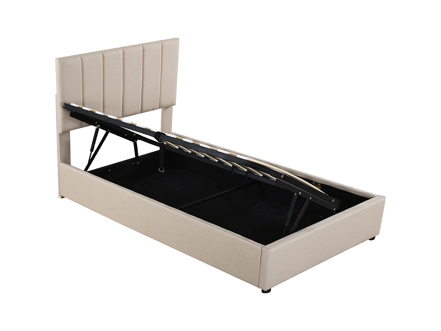 Lit coffre 90 x 200 cm - Lin beige - Lit enfant avec tête de lit réglable en hauteur - lattes en bois - sans matelas