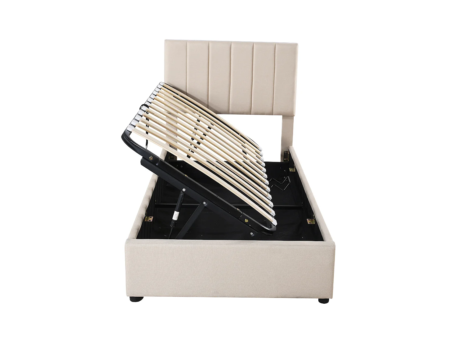 Lit coffre 90 x 200 cm - Lin beige - Lit enfant avec tête de lit réglable en hauteur - lattes en bois - sans matelas