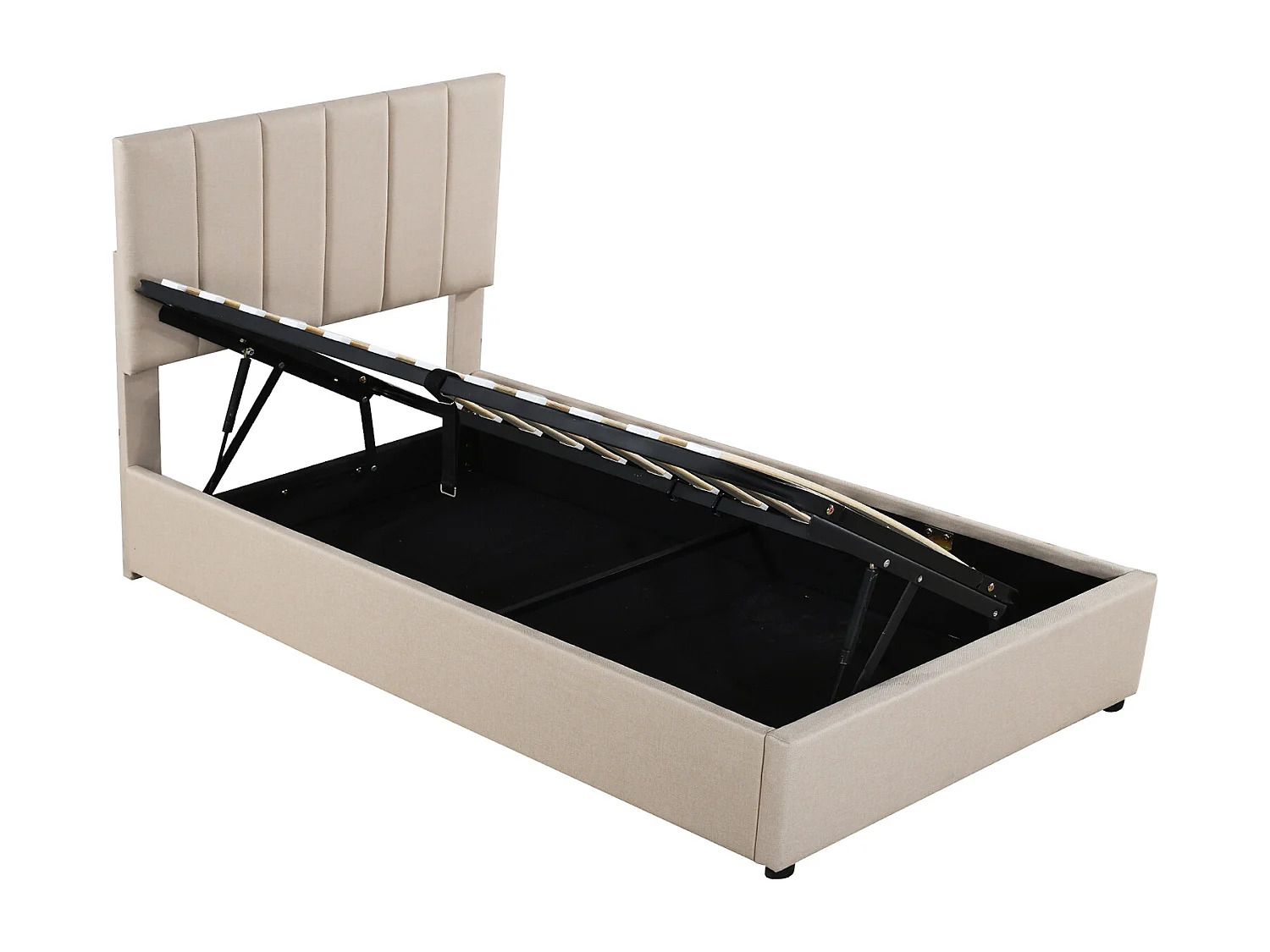 Letto contenitore 90 x 200 cm - Lino beige - Letto per bambini con testiera regolabile in altezza - doghe in legno - senza materasso