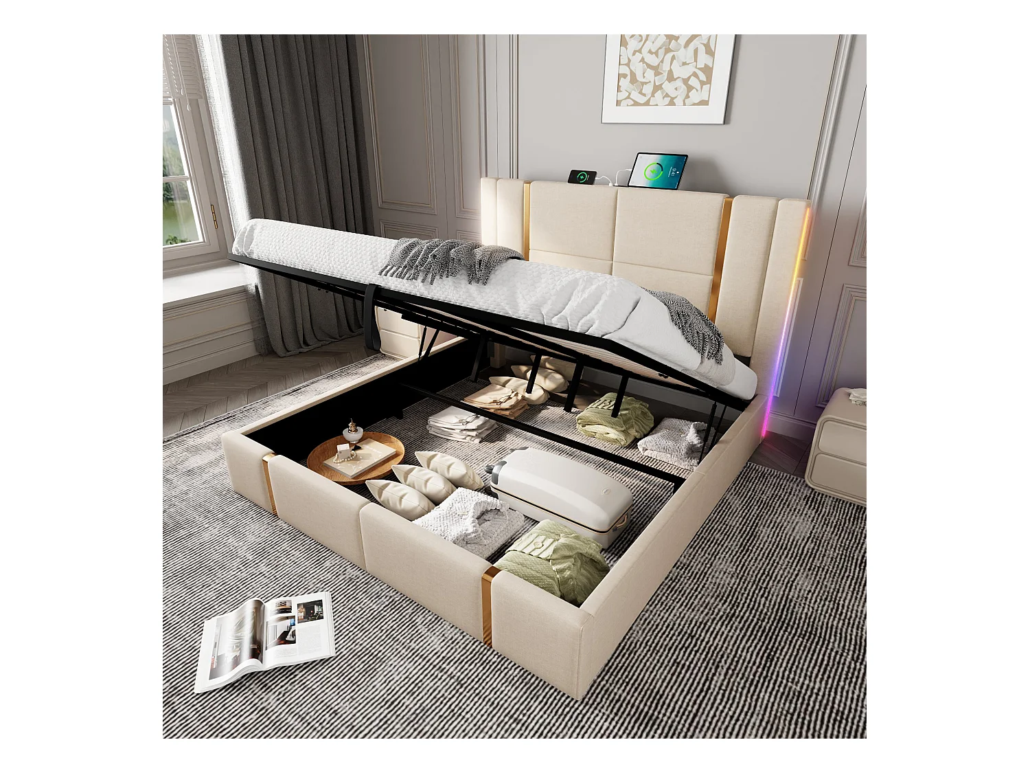 Łóżko ze schowkiem 180x200 cm - beżowy len - łóżko małżeńskie z funkcją ładowania USB i LED - bez materaca