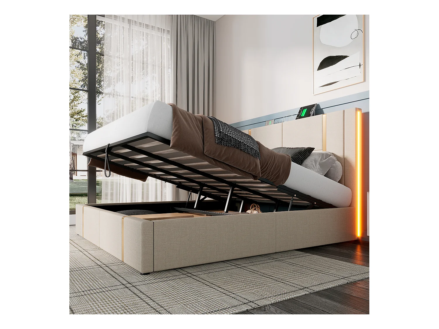 Łóżko ze schowkiem 180x200 cm - beżowy len - łóżko małżeńskie z funkcją ładowania USB i LED - bez materaca