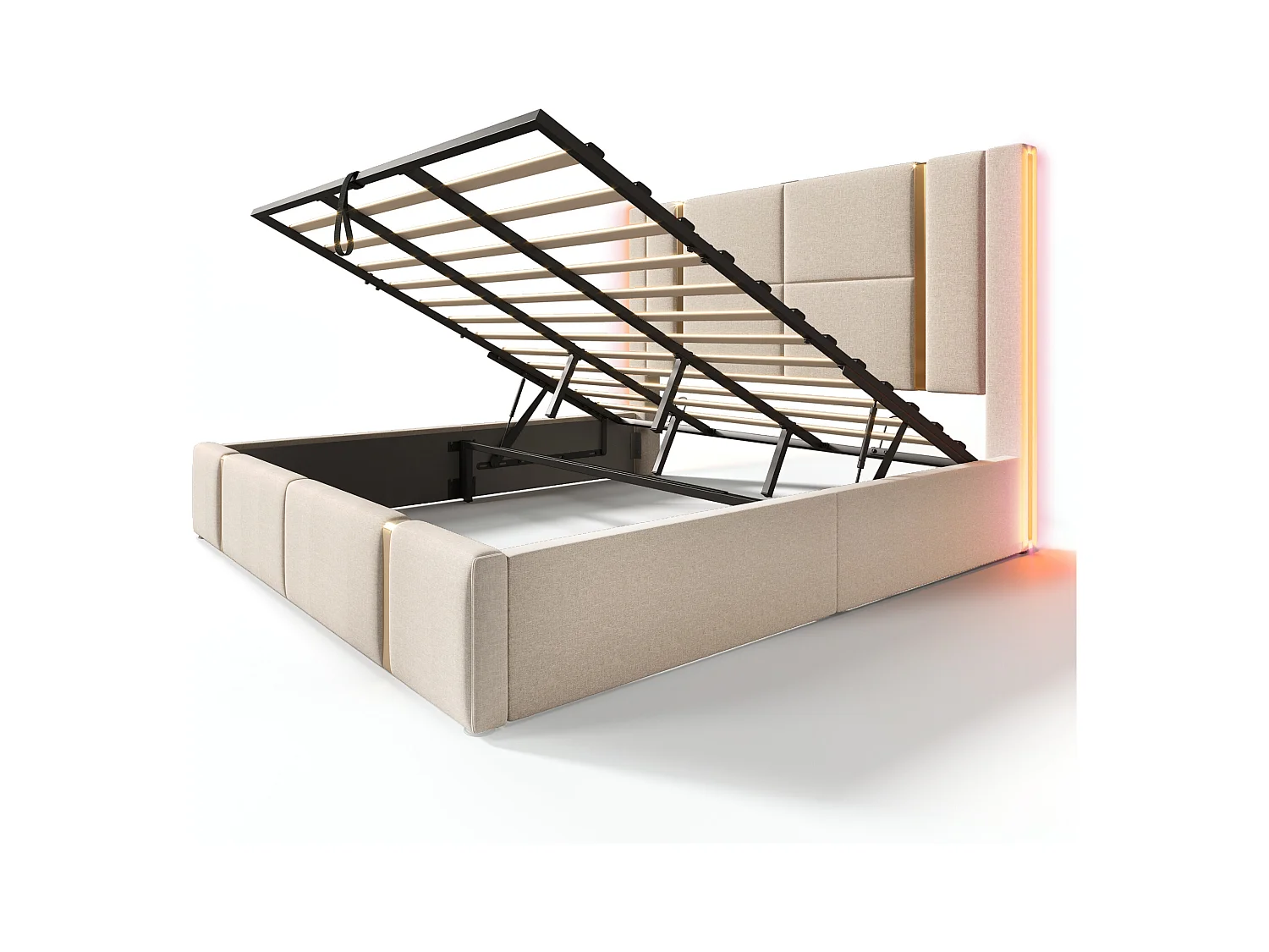 Łóżko ze schowkiem 180x200 cm - beżowy len - łóżko małżeńskie z funkcją ładowania USB i LED - bez materaca
