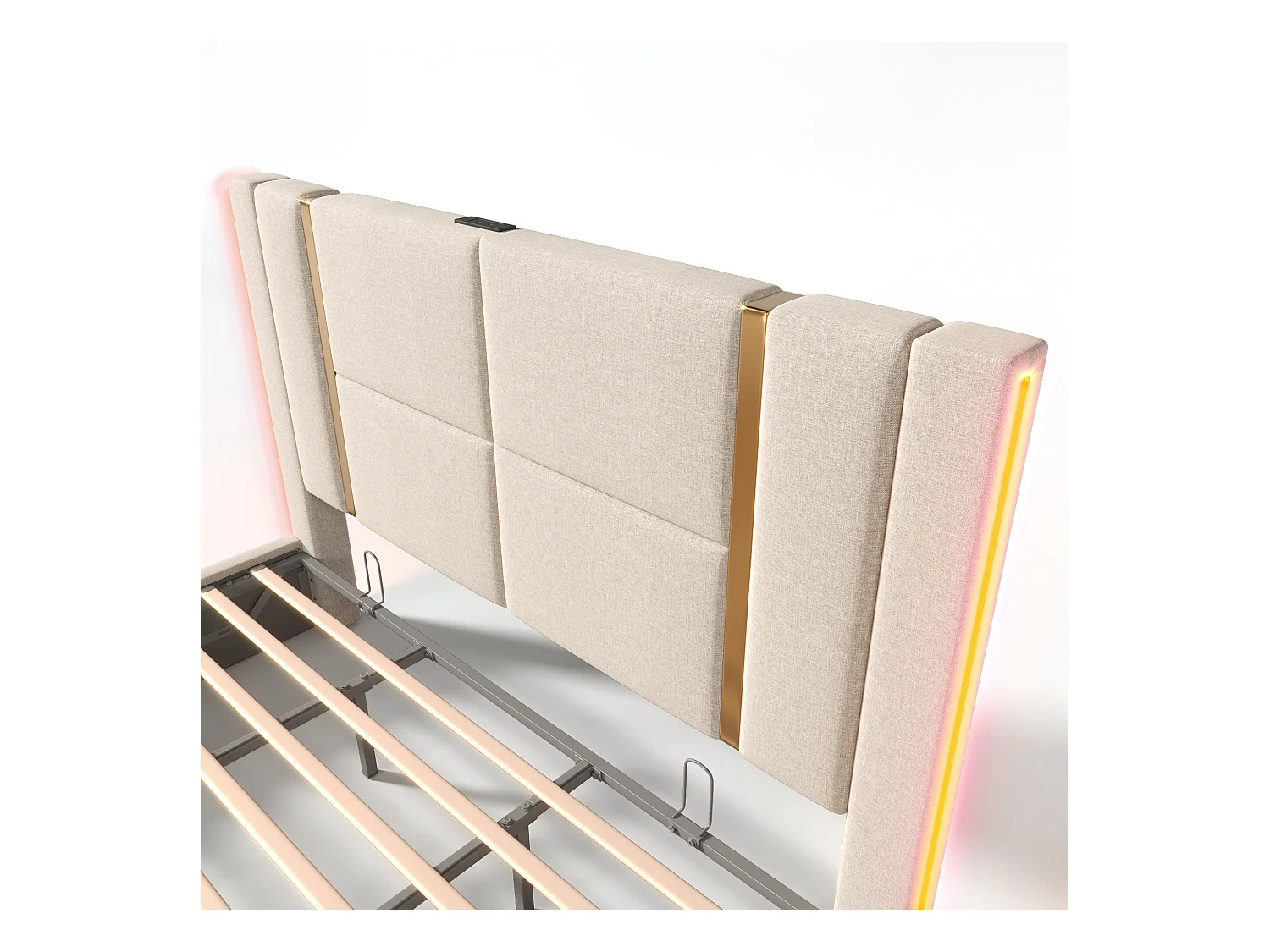 Łóżko ze schowkiem 180x200 cm - beżowy len - łóżko małżeńskie z funkcją ładowania USB i LED - bez materaca