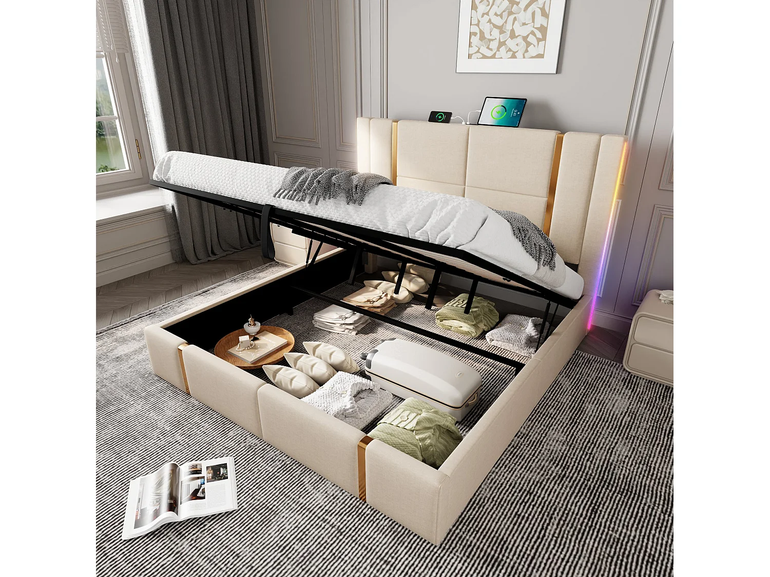 Lit coffre 180 x 200 cm - Lin beige - Lit double avec LED et recharge USB - sans matelas