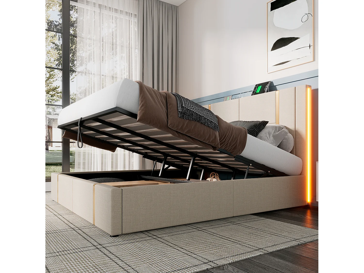 Lit coffre 180 x 200 cm - Lin beige - Lit double avec LED et recharge USB - sans matelas