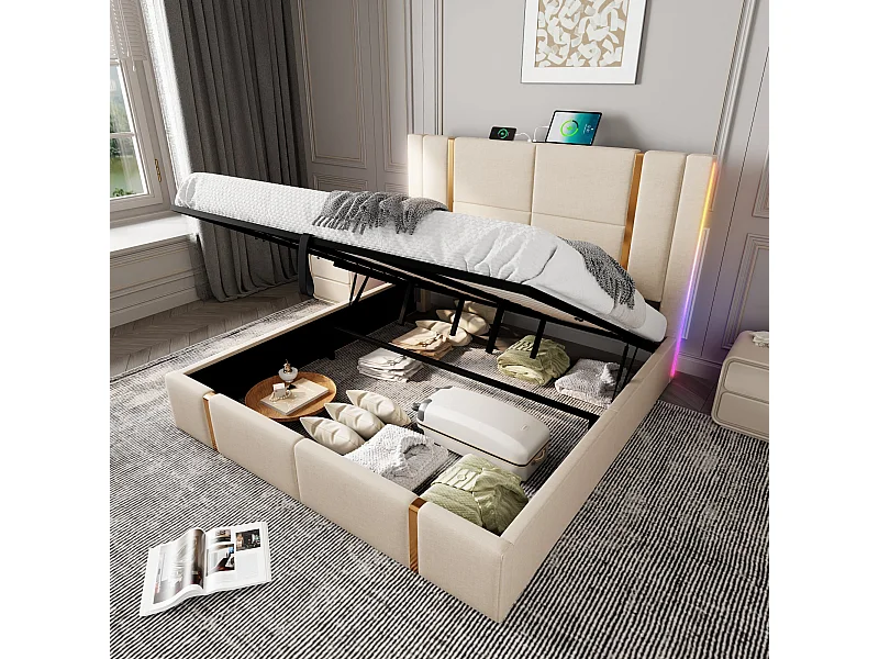 Bed met opbergruimte 180x200 cm - beige linnen - tweepersoonsbed met led-verlichting en USB-oplaadfunctie - zonder matras