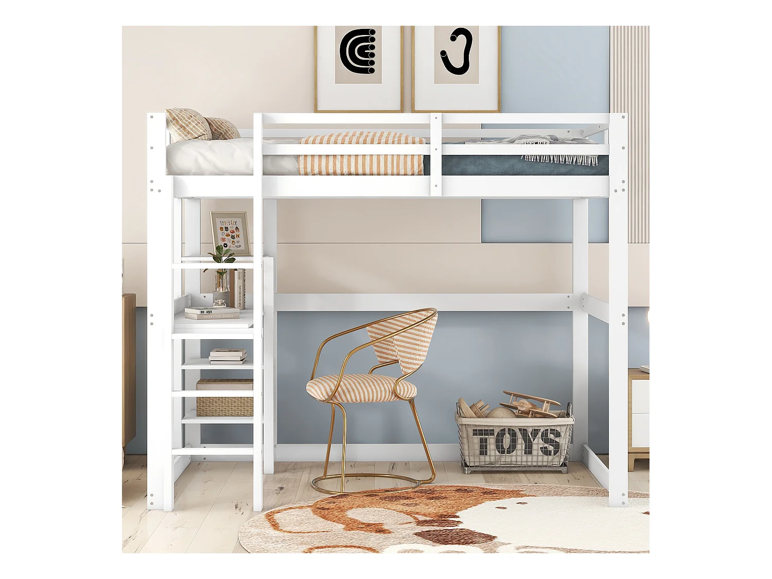 Hochbett 140 x 200 cm, weiß, Kinderbett mit Schreibtisch und Regal, ohne Matratze