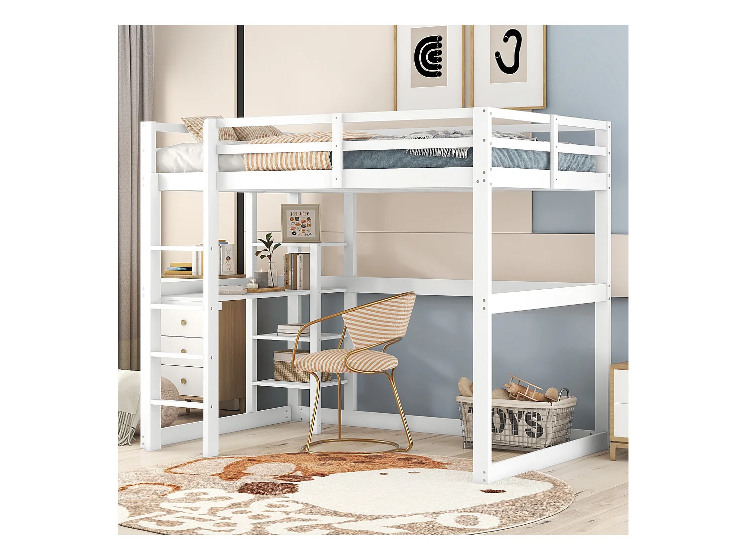 Hochbett 140 x 200 cm, weiß, Kinderbett mit Schreibtisch und Regal, ohne Matratze