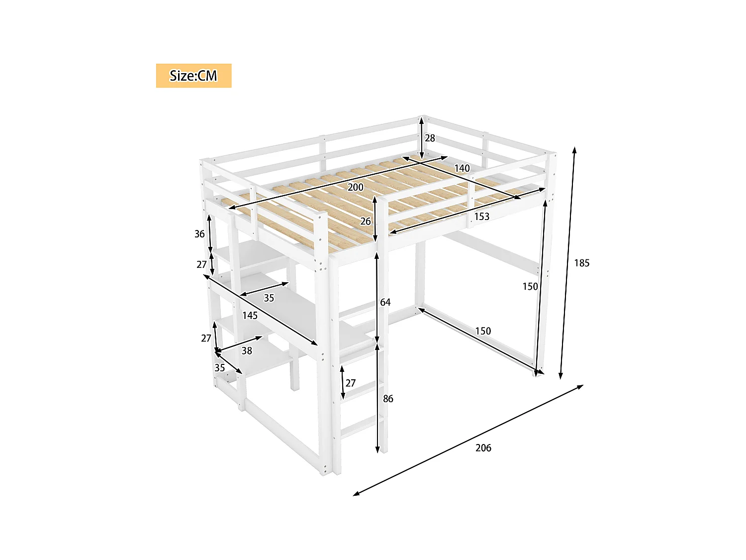 Hochbett 140 x 200 cm, weiß, Kinderbett mit Schreibtisch und Regal, ohne Matratze