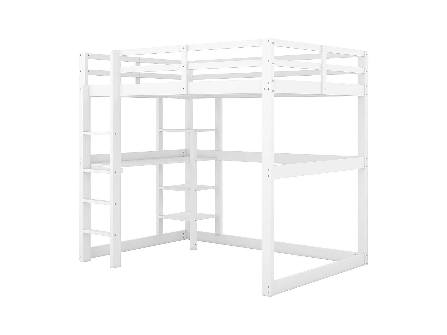 Hochbett 140 x 200 cm, weiß, Kinderbett mit Schreibtisch und Regal, ohne Matratze