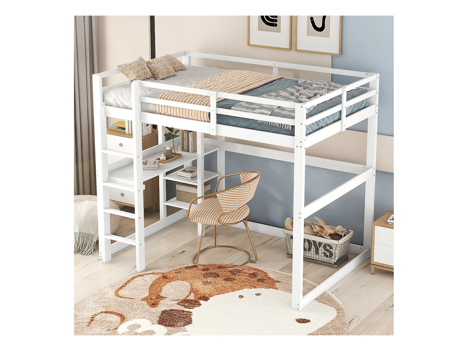Letto a soppalco 140x200 cm, bianco, letto per bambini con scrivania e mensola, senza materasso