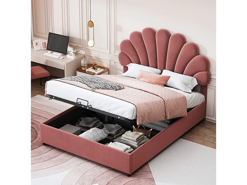 Bed met opbergruimte 140x200 cm - roze fluweel - volwassen bed met verstelbaar hoofdbord en lattenbodem - zonder matras