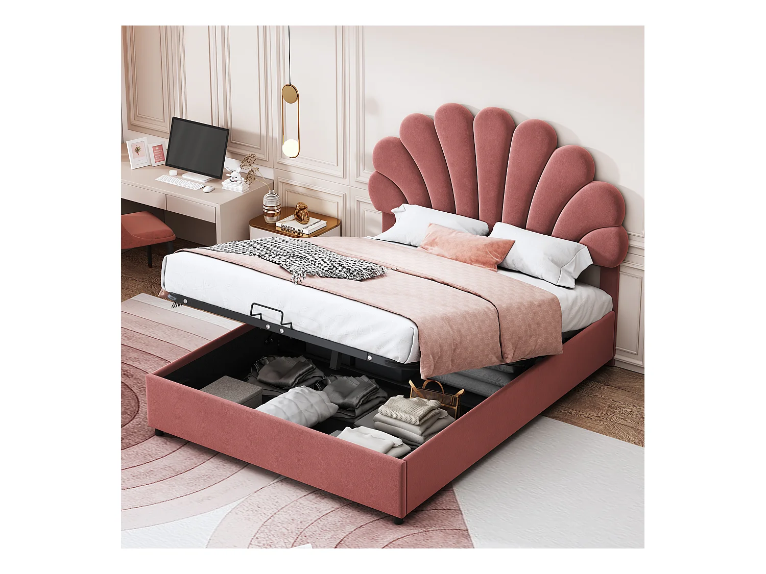 Lit coffre 140 x 200 cm - velours rose - Lit adulte avec tête de lit réglable et sommier à lattes - sans matelas