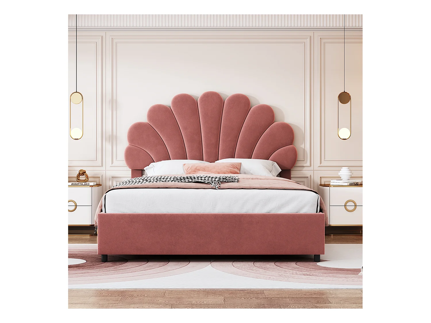 Lit coffre 140 x 200 cm - velours rose - Lit adulte avec tête de lit réglable et sommier à lattes - sans matelas