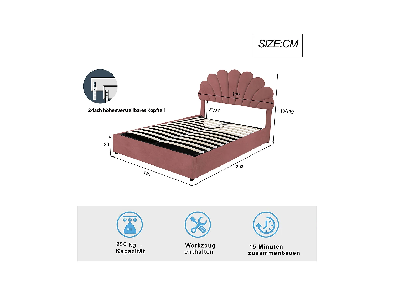 Bett mit Stauraum 140 x 200 cm – Rosa Samt – Erwachsenenbett mit verstellbarem Kopfteil und Lattenrost – ohne Matratze