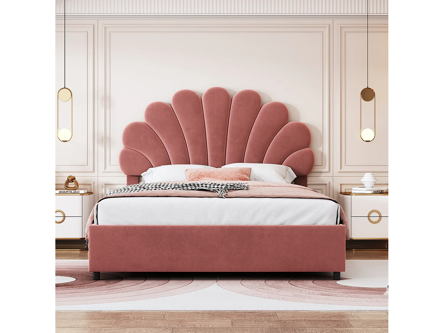 Bett mit Stauraum 140 x 200 cm – Rosa Samt – Erwachsenenbett mit verstellbarem Kopfteil und Lattenrost – ohne Matratze