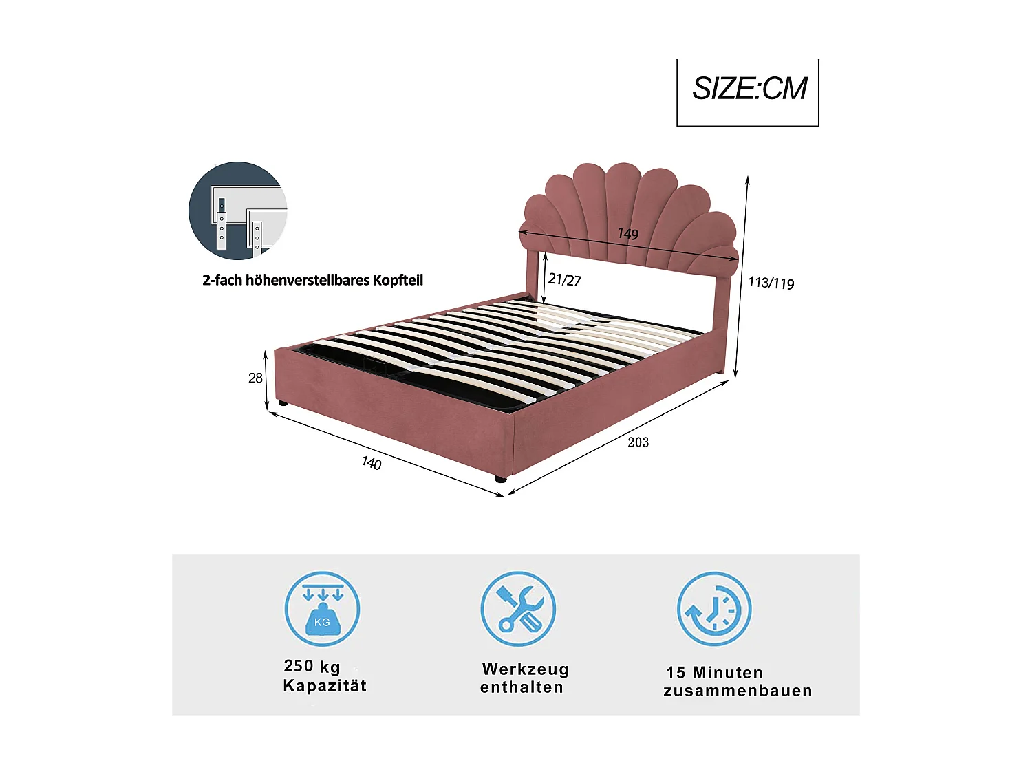 Bett mit Stauraum 140 x 200 cm – Rosa Samt – Erwachsenenbett mit verstellbarem Kopfteil und Lattenrost – ohne Matratze