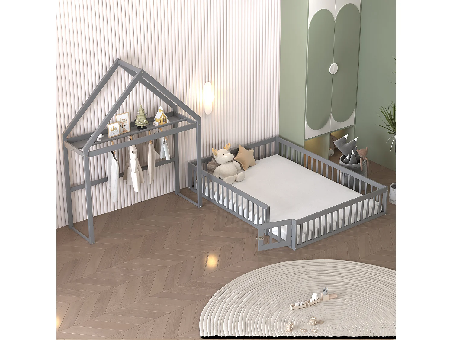 Kinderbett 140x200 cm – mit Sicherheitstür und Holzlattenrost – grau – ohne Matratze