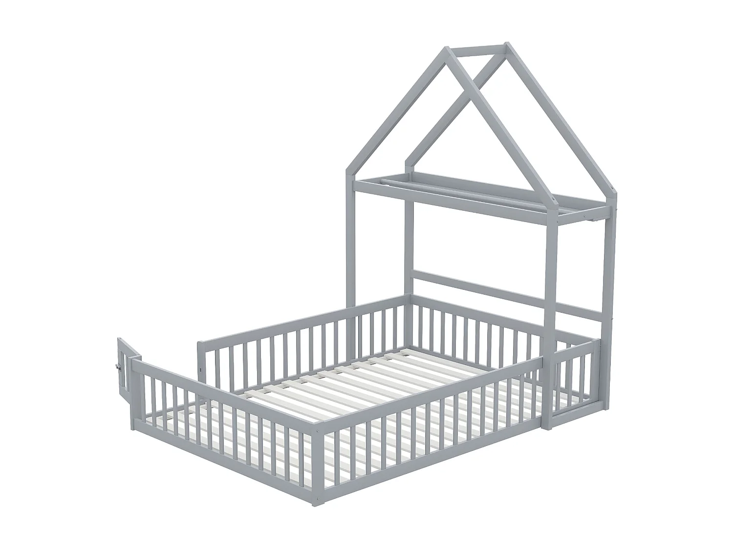 Kinderbett 140x200 cm – mit Sicherheitstür und Holzlattenrost – grau – ohne Matratze