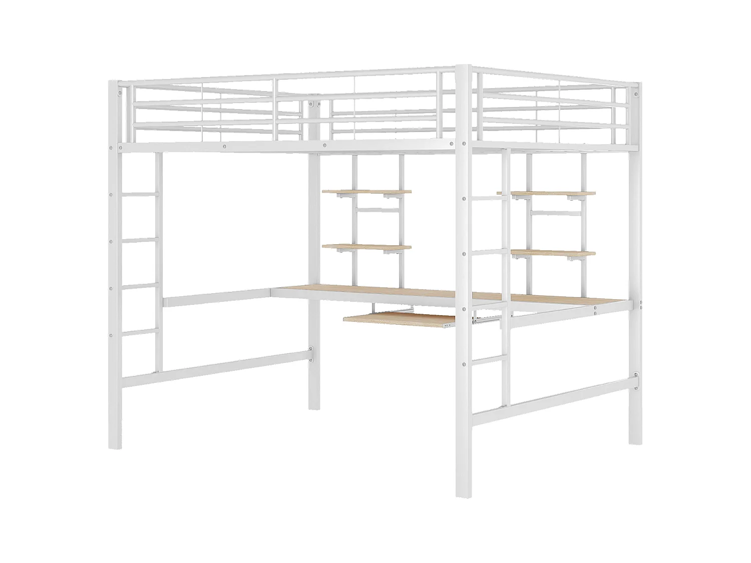 Hochbett 140 x 200 cm – Erwachsenenbett mit Schreibtisch und zwei Regalen – weiß – ohne Matratze