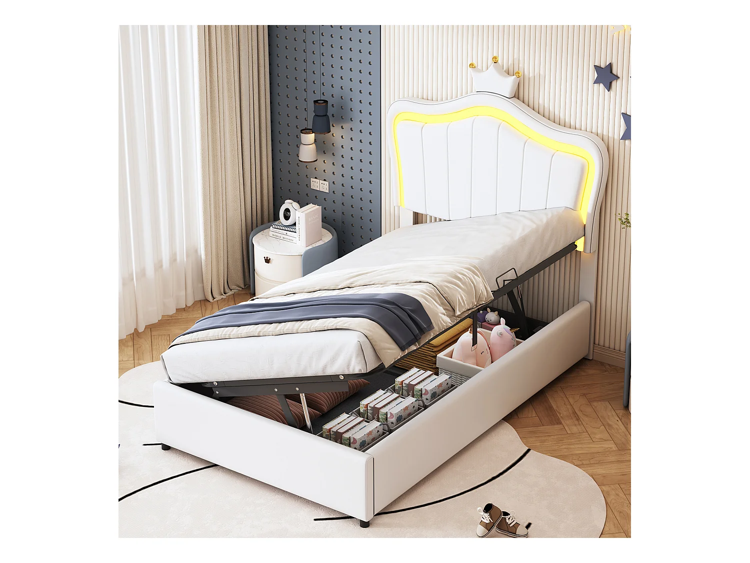 Lit coffre 90x200 cm - Simili cuir blanc - Lit enfant avec tête de lit réglable et sommier à lattes - éclairage LED - sans matelas