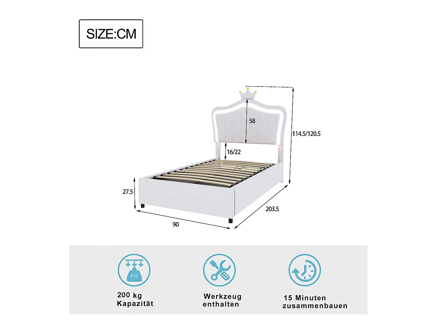 Lit coffre 90x200 cm - Simili cuir blanc - Lit enfant avec tête de lit réglable et sommier à lattes - éclairage LED - sans matelas