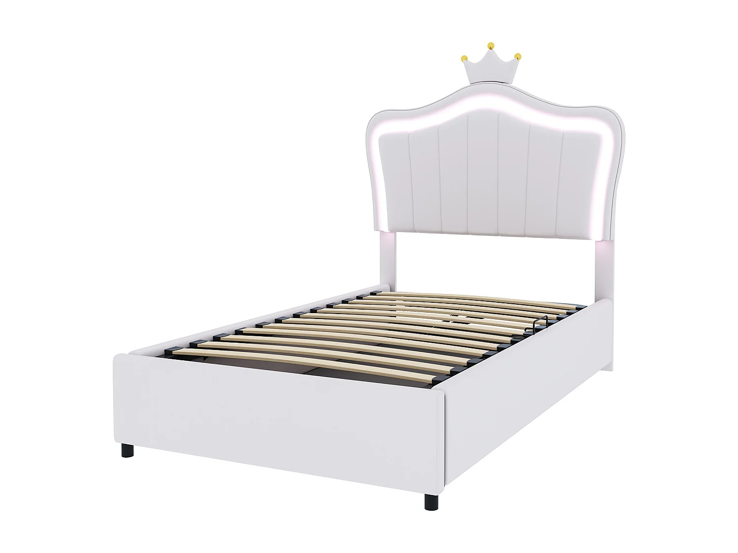 Stauraumbett 90 x 200 cm – Kunstleder weiß – Kinderbett mit verstellbarem Kopfteil und Lattenrost – LED-Beleuchtung – ohne Matratze