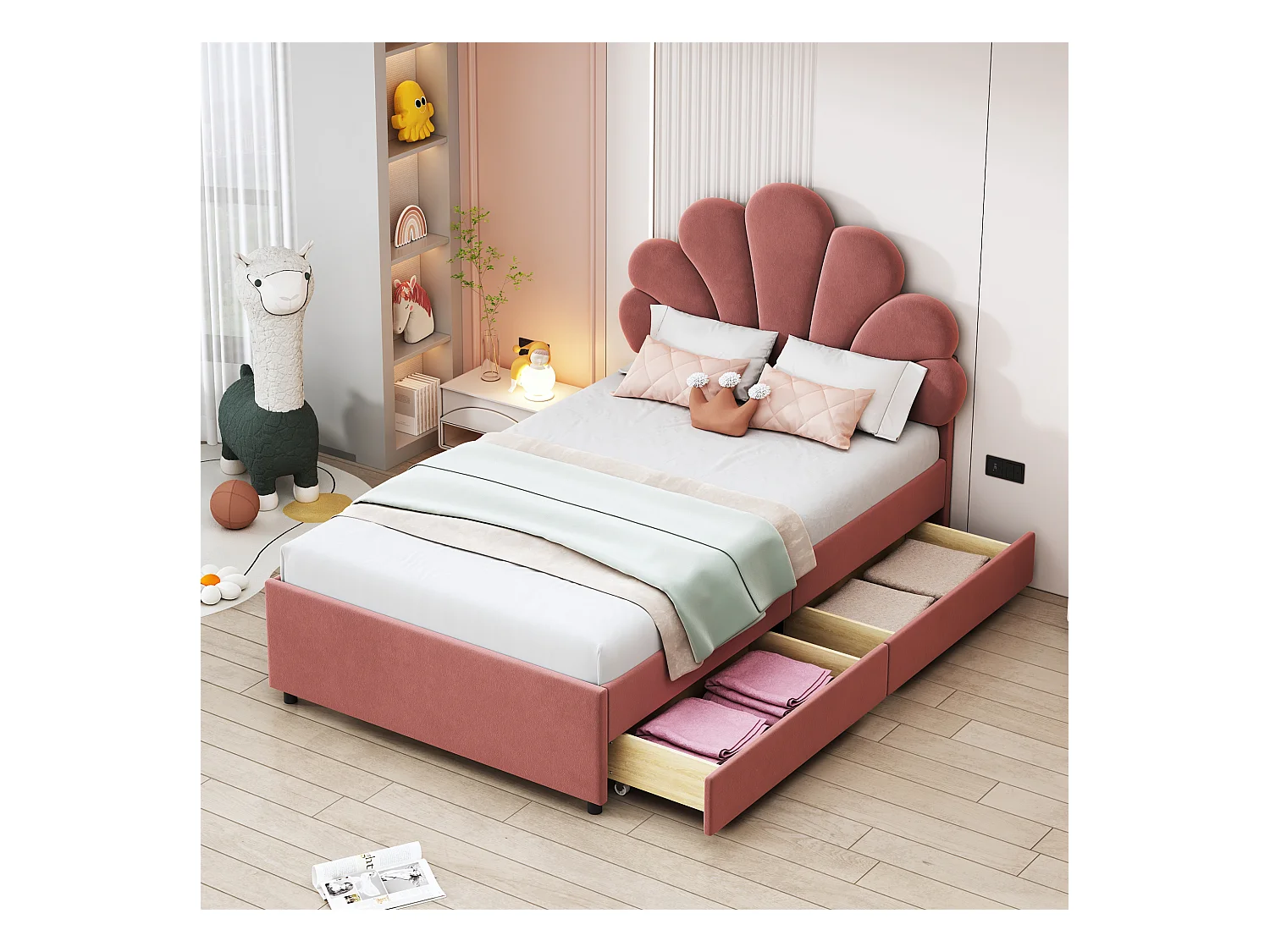 Lit enfant 90 x 200 cm - velours rose - avec tête de lit et sommier à lattes capitonnés - 2 tiroirs - sans matelas