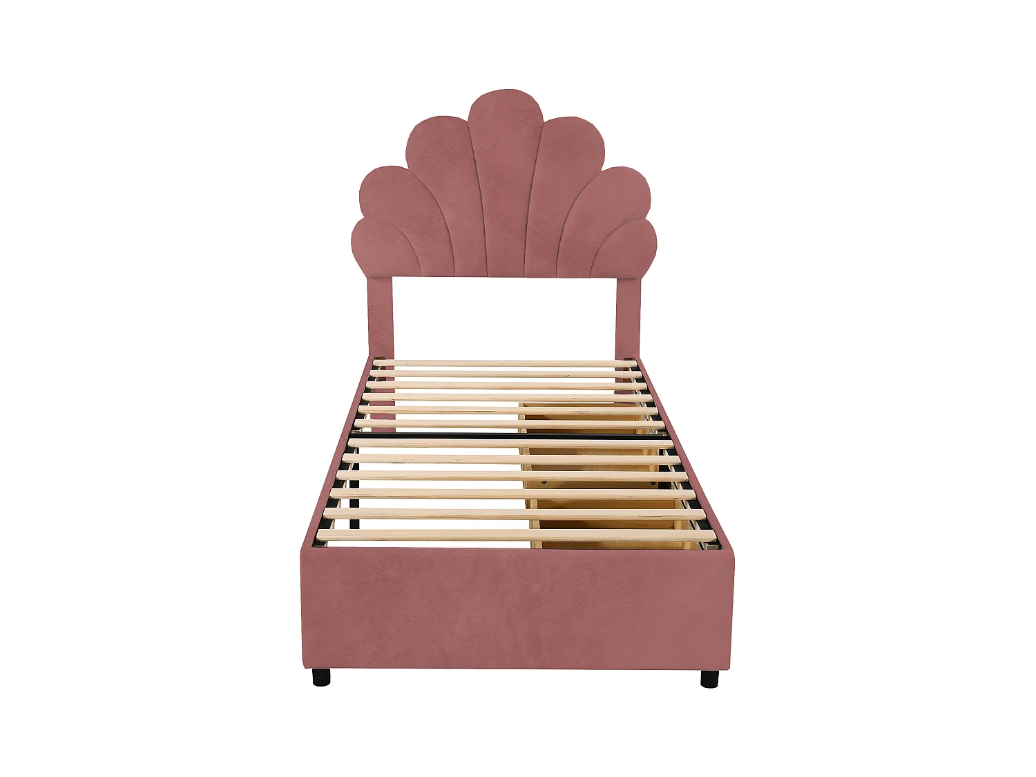Lit enfant 90 x 200 cm - velours rose - avec tête de lit et sommier à lattes capitonnés - 2 tiroirs - sans matelas