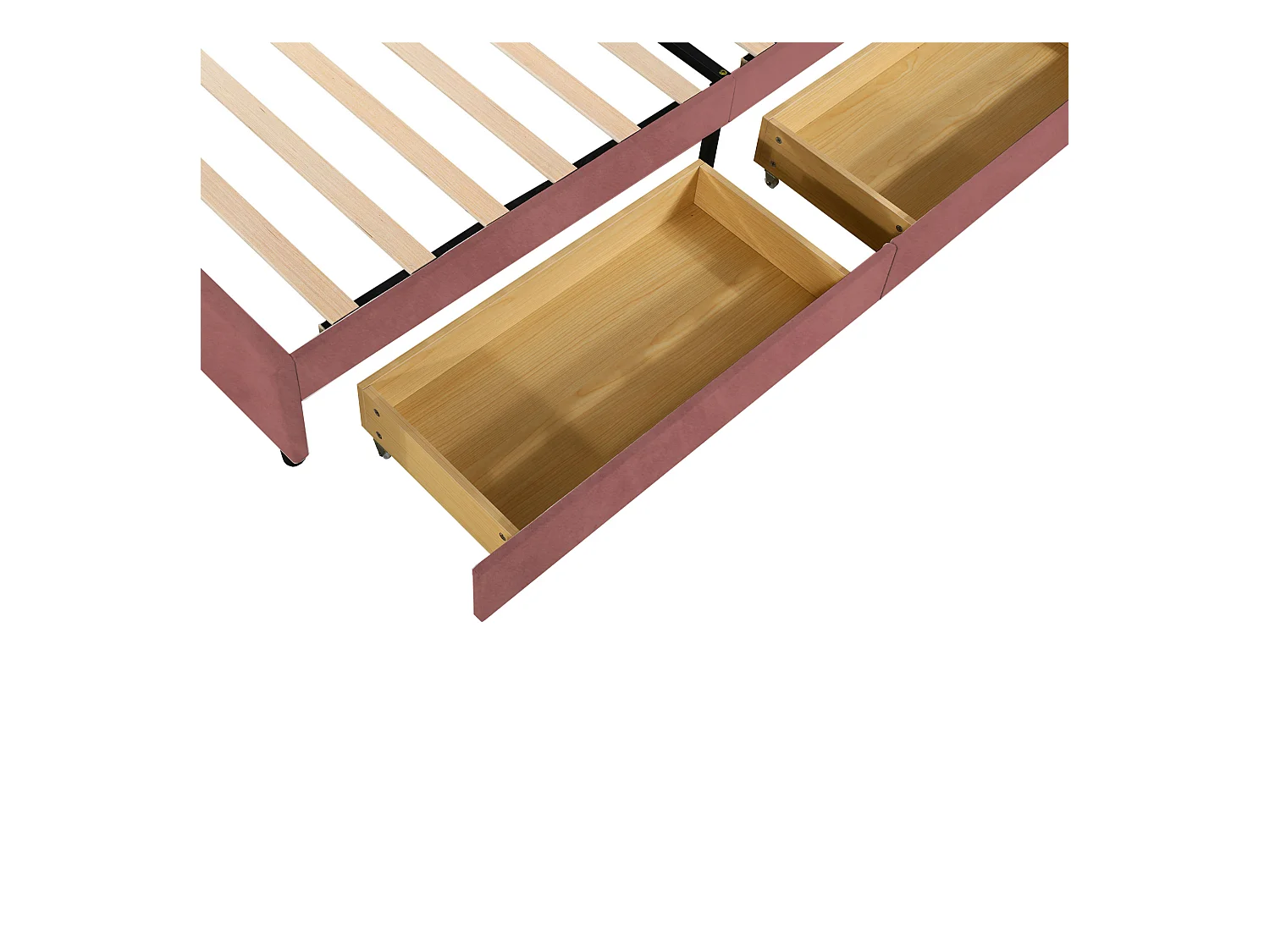 Lit enfant 90 x 200 cm - velours rose - avec tête de lit et sommier à lattes capitonnés - 2 tiroirs - sans matelas