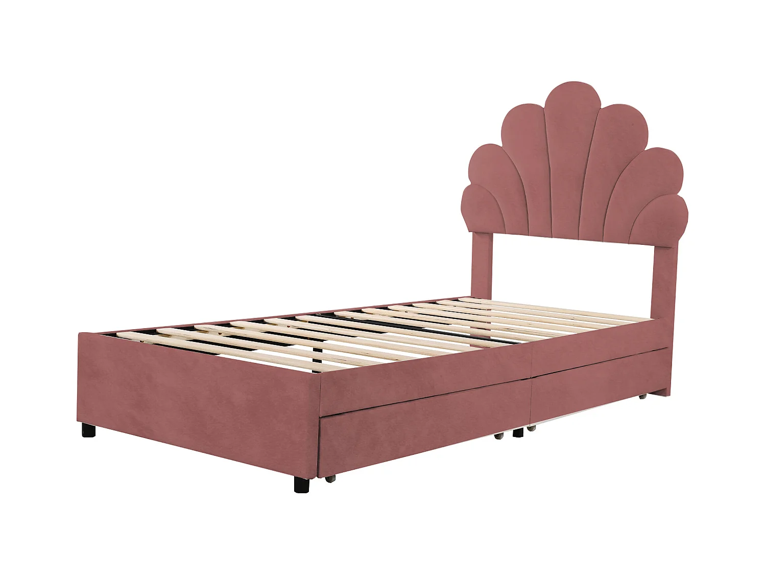 Lit enfant 90 x 200 cm - velours rose - avec tête de lit et sommier à lattes capitonnés - 2 tiroirs - sans matelas