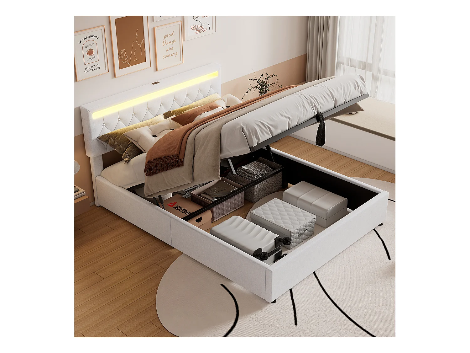 Lit coffre 160x200 cm - Lin blanc - Lit adulte avec lumière LED et recharge USB - san fond