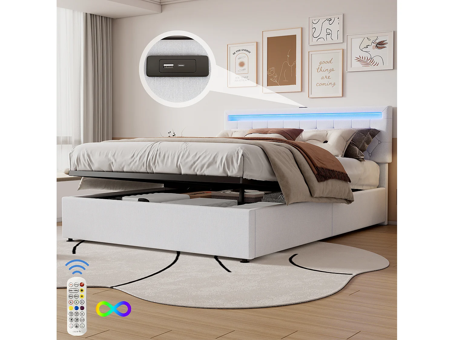 Łóżko ze schowkiem 160x200 cm - Biały len - łóżko dla dorosłych z oświetleniem LED i ładowaniem przez USB - bez podstawy