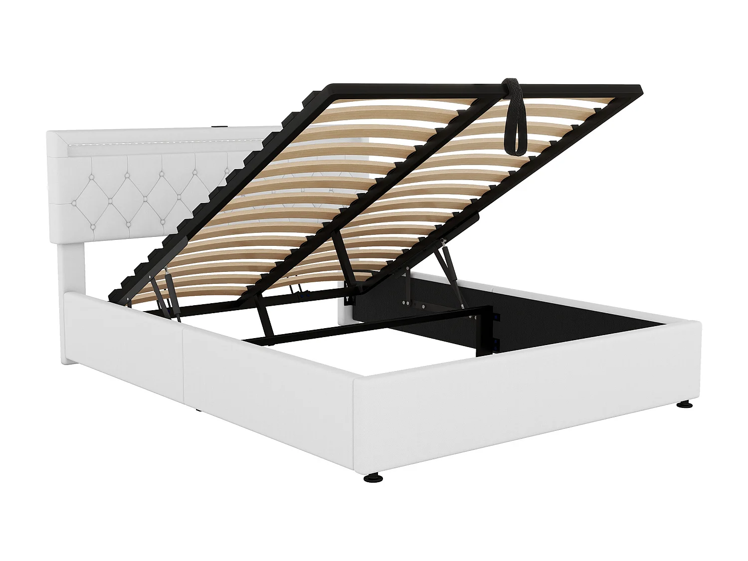 Łóżko ze schowkiem 160x200 cm - Biały len - łóżko dla dorosłych z oświetleniem LED i ładowaniem przez USB - bez podstawy