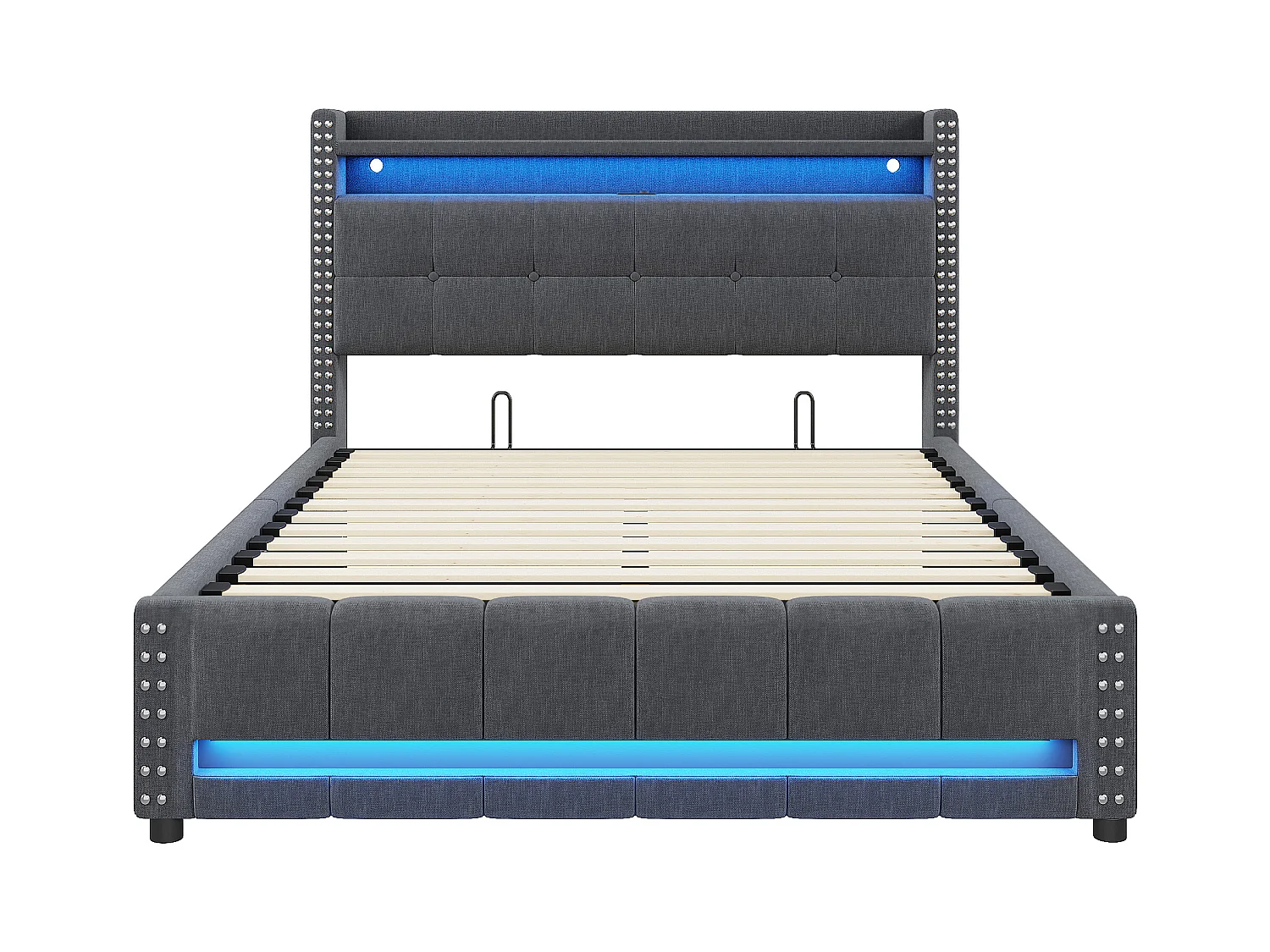 Lit avec rangement 140 x 200 cm - Lin gris - Lit avec éclairage LED et prises USB - sans matelas