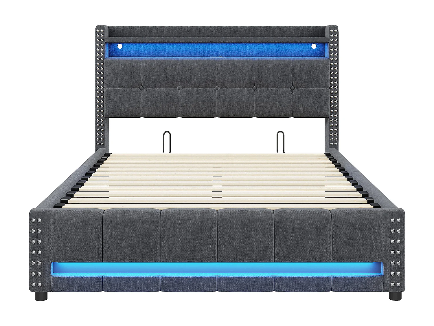 Lit avec rangement 140 x 200 cm - Lin gris - Lit avec éclairage LED et prises USB - sans matelas