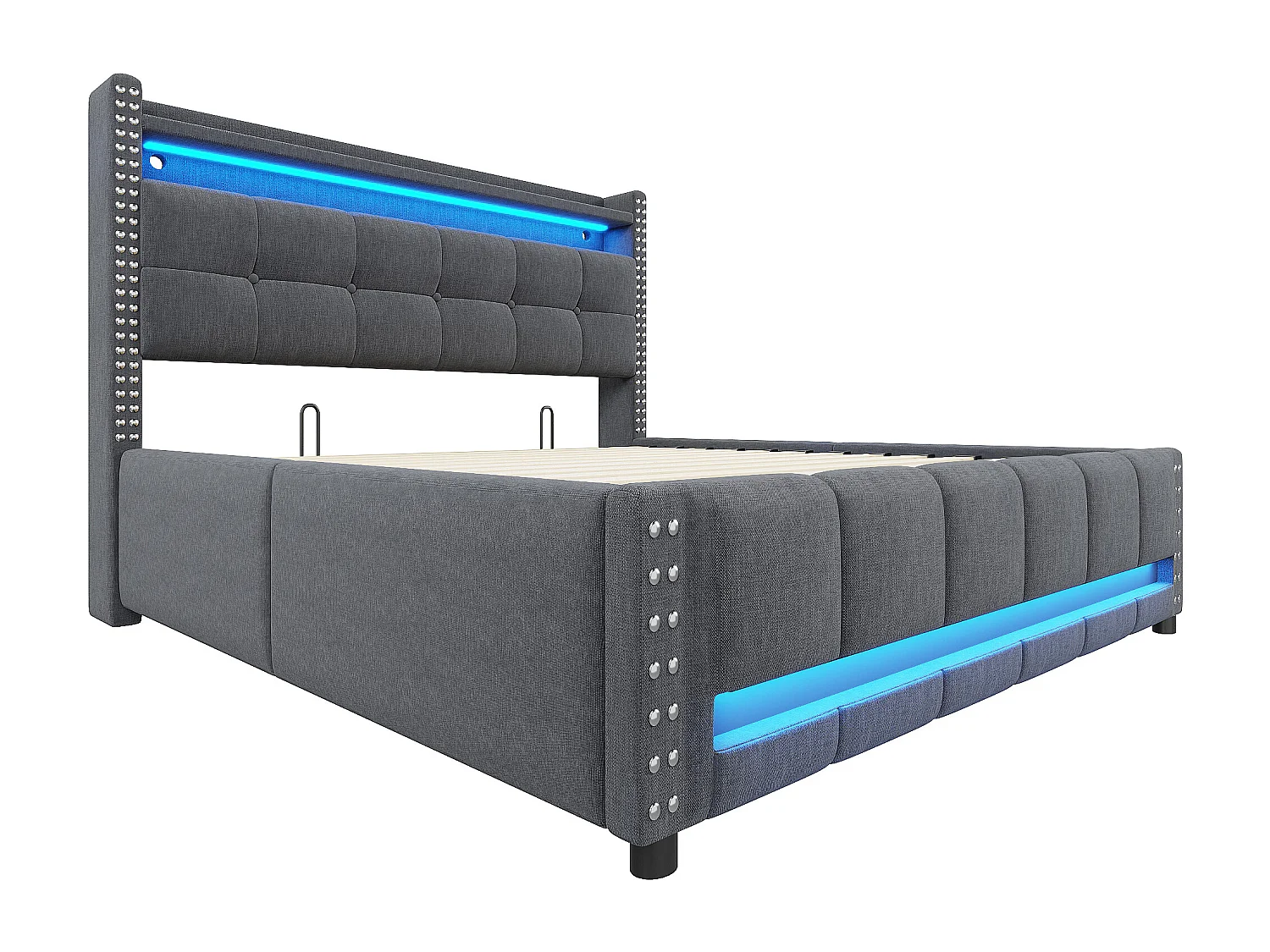 Lit avec rangement 140 x 200 cm - Lin gris - Lit avec éclairage LED et prises USB - sans matelas