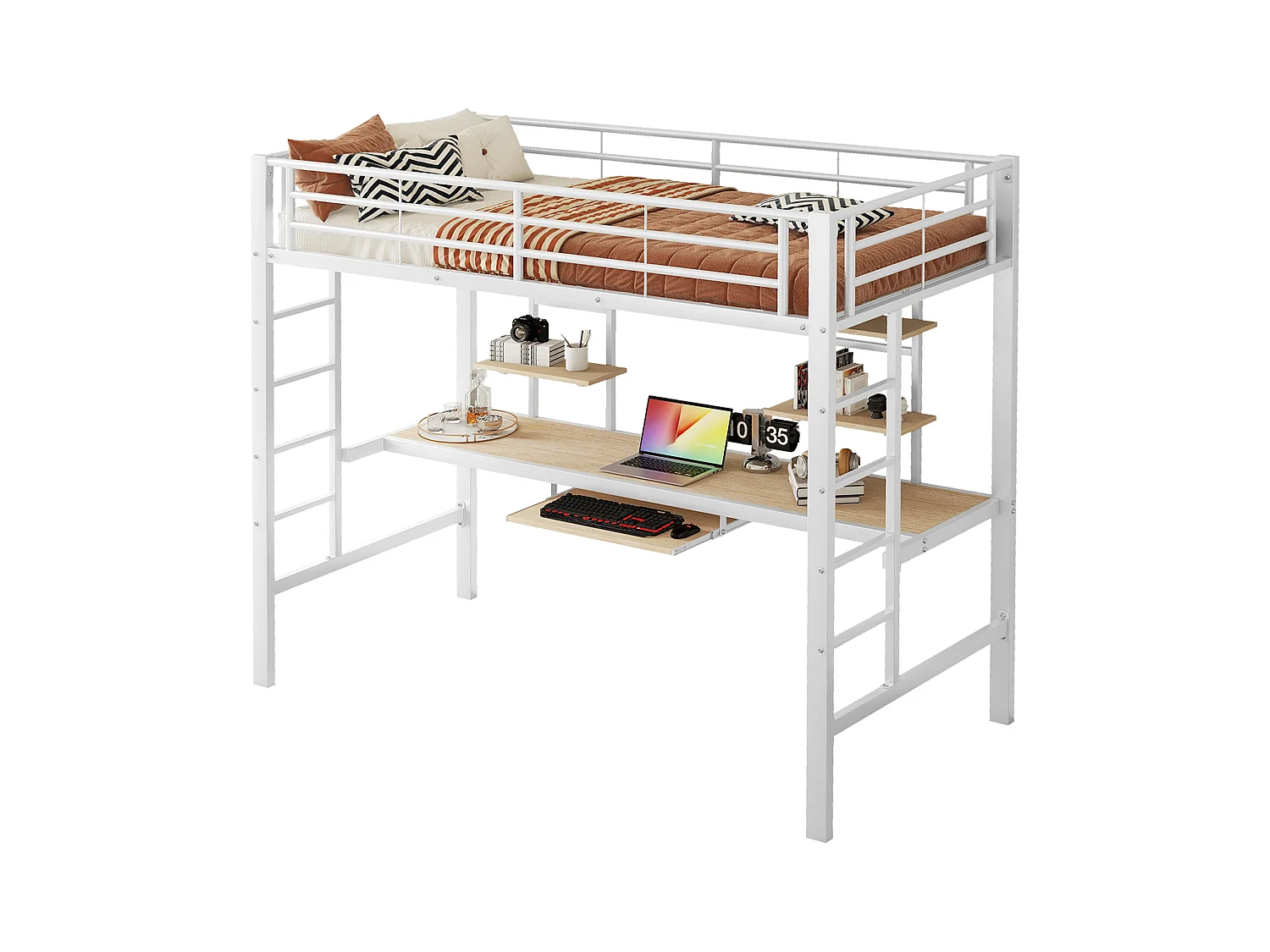 Hoogslaper 90 x 200 cm - Kinderbed met bureau en twee planken - wit - zonder matras