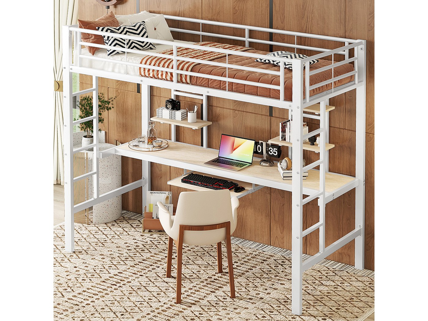 KecDuey Kinderbed 90 x 200 cm boven bed 140 x 200 cm onder bed, stapelbed met laden, opbergruimte en glijbaan, multifunctioneel, wit