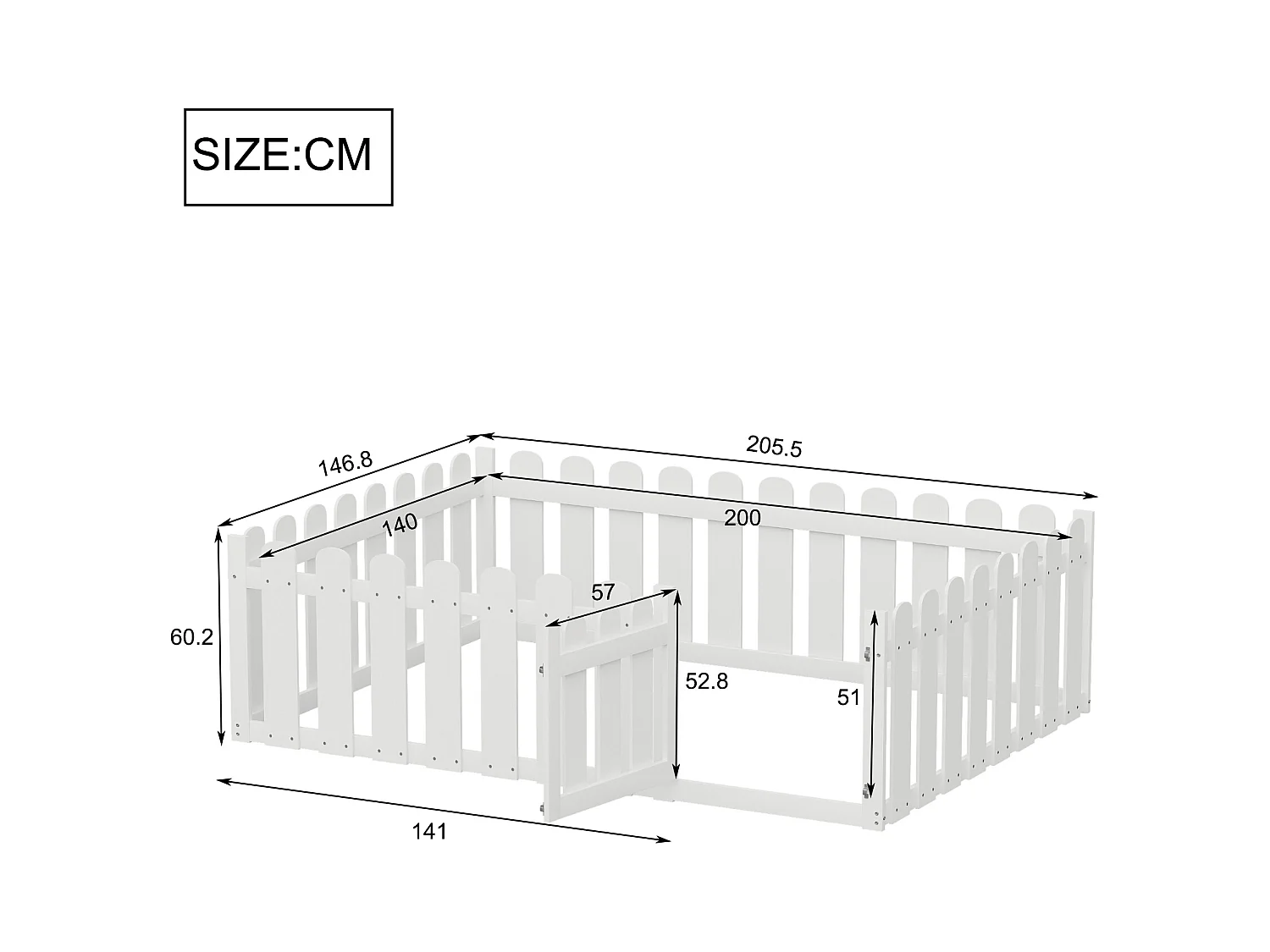Lit enfant 140x200 cm - bois - avec barrières de sécurité et porte - blanc - sans matelas