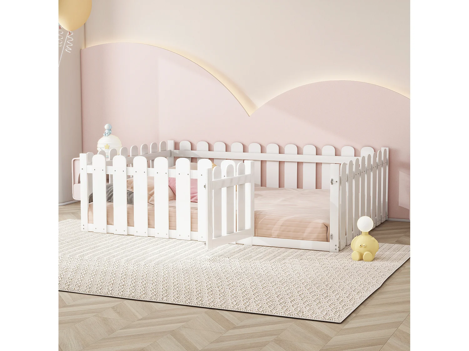 Lit enfant 140x200 cm - bois - avec barrières de sécurité et porte - blanc - sans matelas