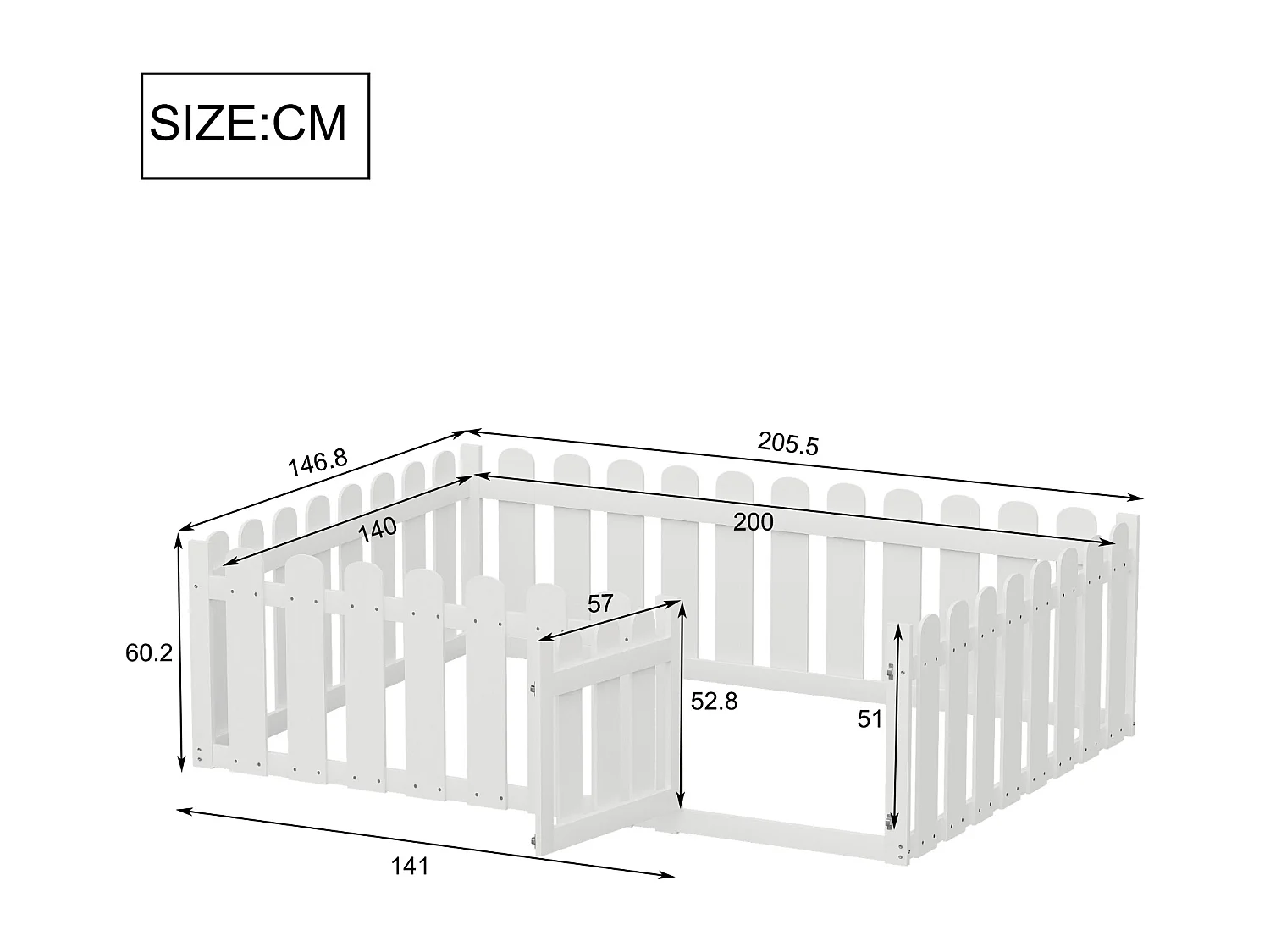 Lit enfant 140x200 cm - bois - avec barrières de sécurité et porte - blanc - sans matelas