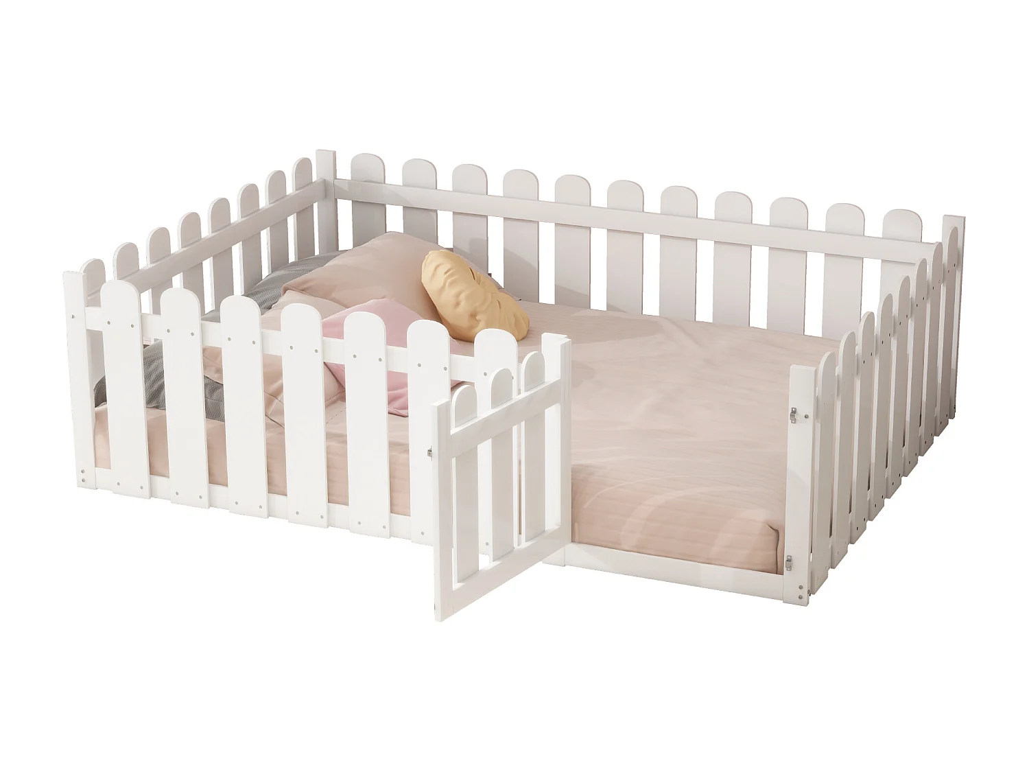 Lit enfant 140x200 cm - bois - avec barrières de sécurité et porte - blanc - sans matelas