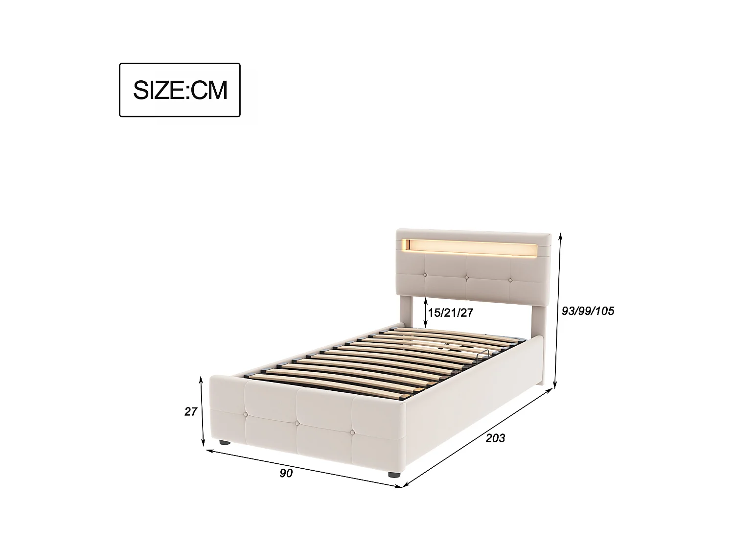 Lit coffre 90x200 cm - velours beige - Lit enfant avec tête de lit réglable et éclairage LED - sans matelas