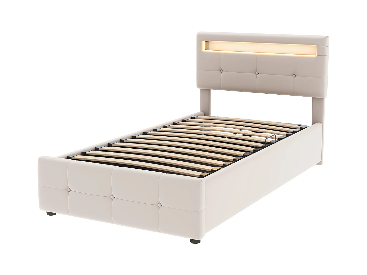 Lit coffre 90x200 cm - velours beige - Lit enfant avec tête de lit réglable et éclairage LED - sans matelas