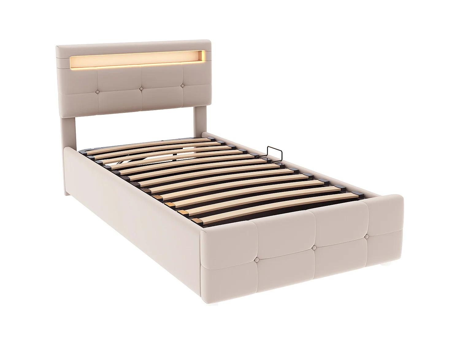 Lit coffre 90x200 cm - velours beige - Lit enfant avec tête de lit réglable et éclairage LED - sans matelas